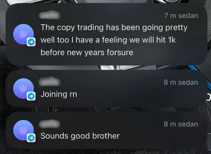 Copy trading going well screenshot from the Unshakable Traders community.
